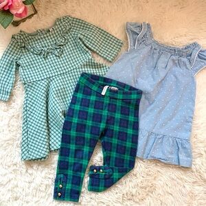 Janie & Jack Bundle of 2 Dresses & 1 pr Leggings 12 - 18M green blue